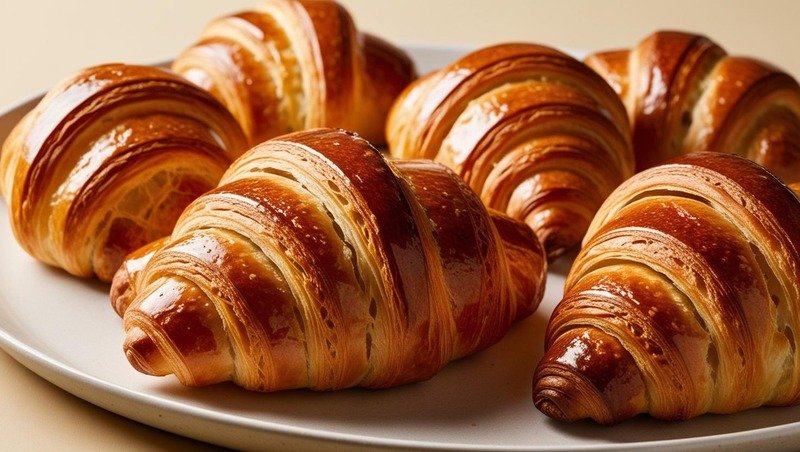 Freshly baked croissants with golden, flaky layers on a plate.