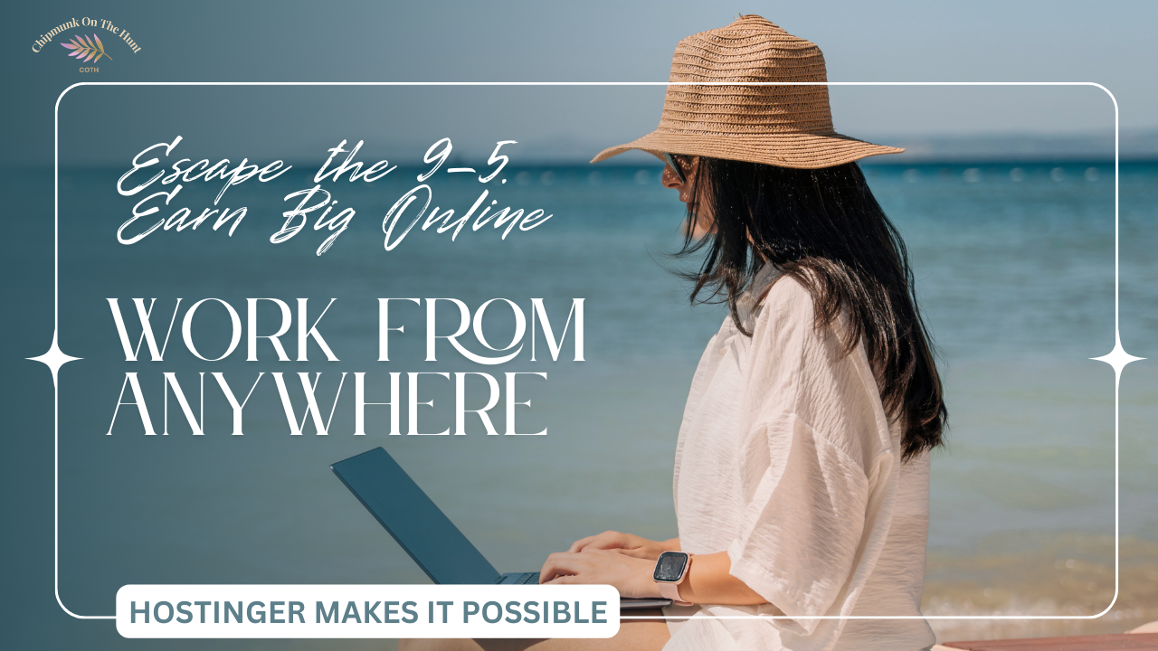 Woman working remotely by the beach to start a website with Hostinger and build passive income online.