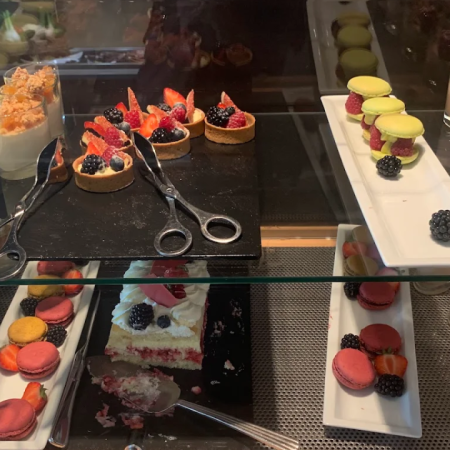 Breakfast dessert buffet at Le Méridien Beach Plaza Monaco with pastries, cakes, sweets and macarons