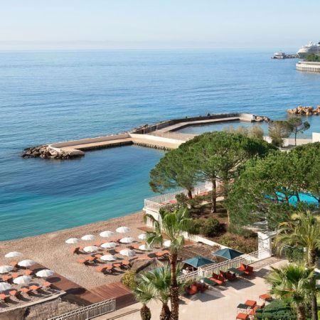 Private beach and swimming pools at Le Méridien Beach Plaza Monaco with Mediterranean sea view