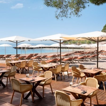 Beachfront terrace restaurant at Le Méridien Beach Plaza Monaco with Mediterranean sea view